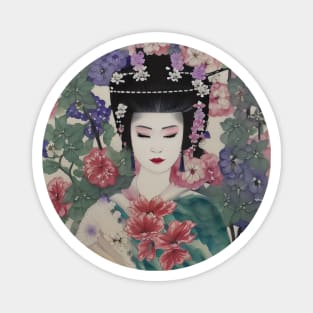 Japanese geisha with flowers, watercolor Magnet